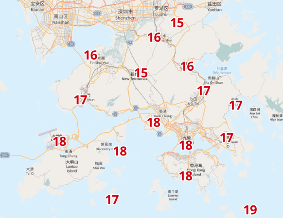 11月18日天氣,各區溫度預測,多區跌至20度以下(天文台截圖)