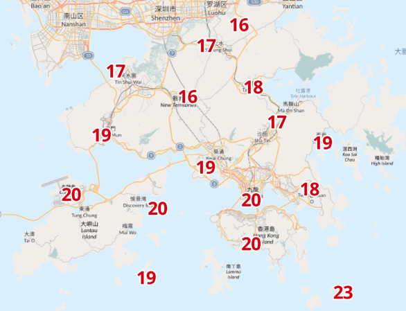 11月19日天氣,各區溫度預測,多區跌至20度以下(天文台截圖)