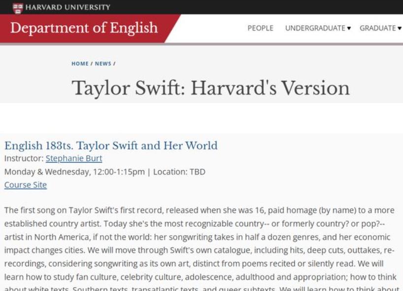 哈佛大學「Taylor Swift and Her World」課程介紹。