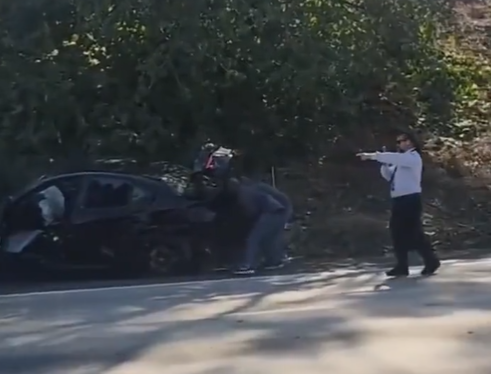 香港珠寶商洛杉磯公路遇「撞車黨」,有目擊者下車拍下搶掠情況。(影片截圖)