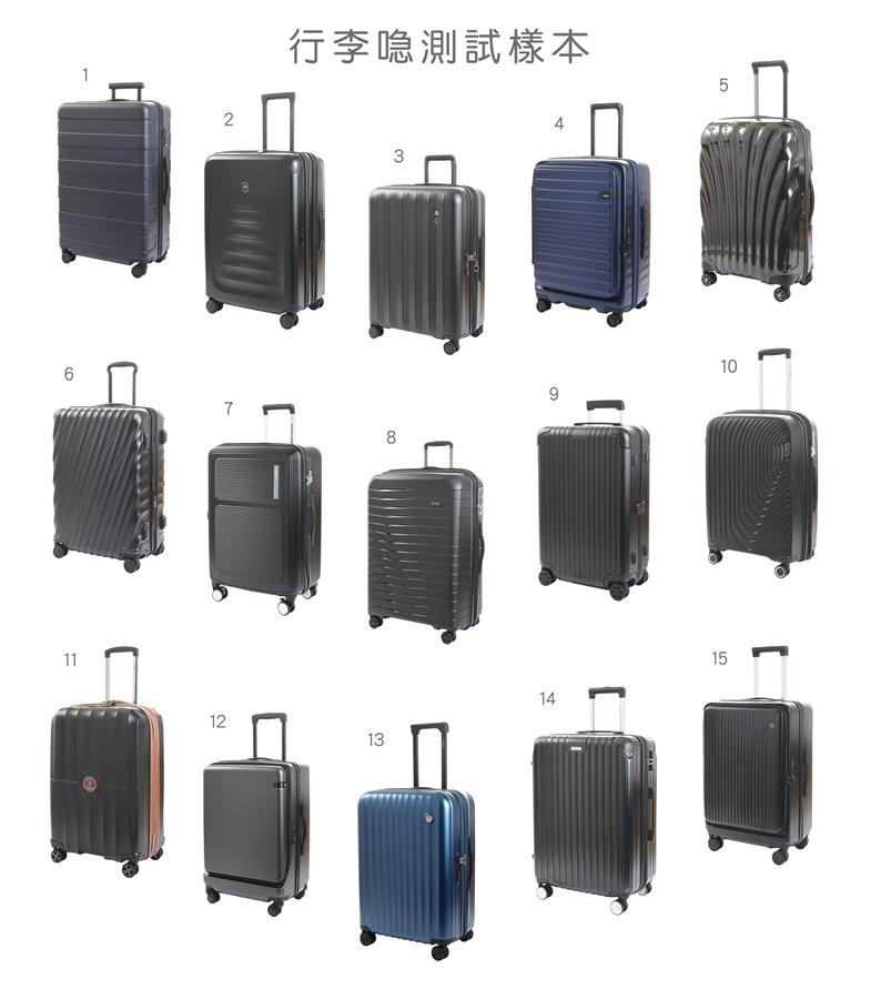 消委會今次測試的市面15款行李喼。(消委會提供)