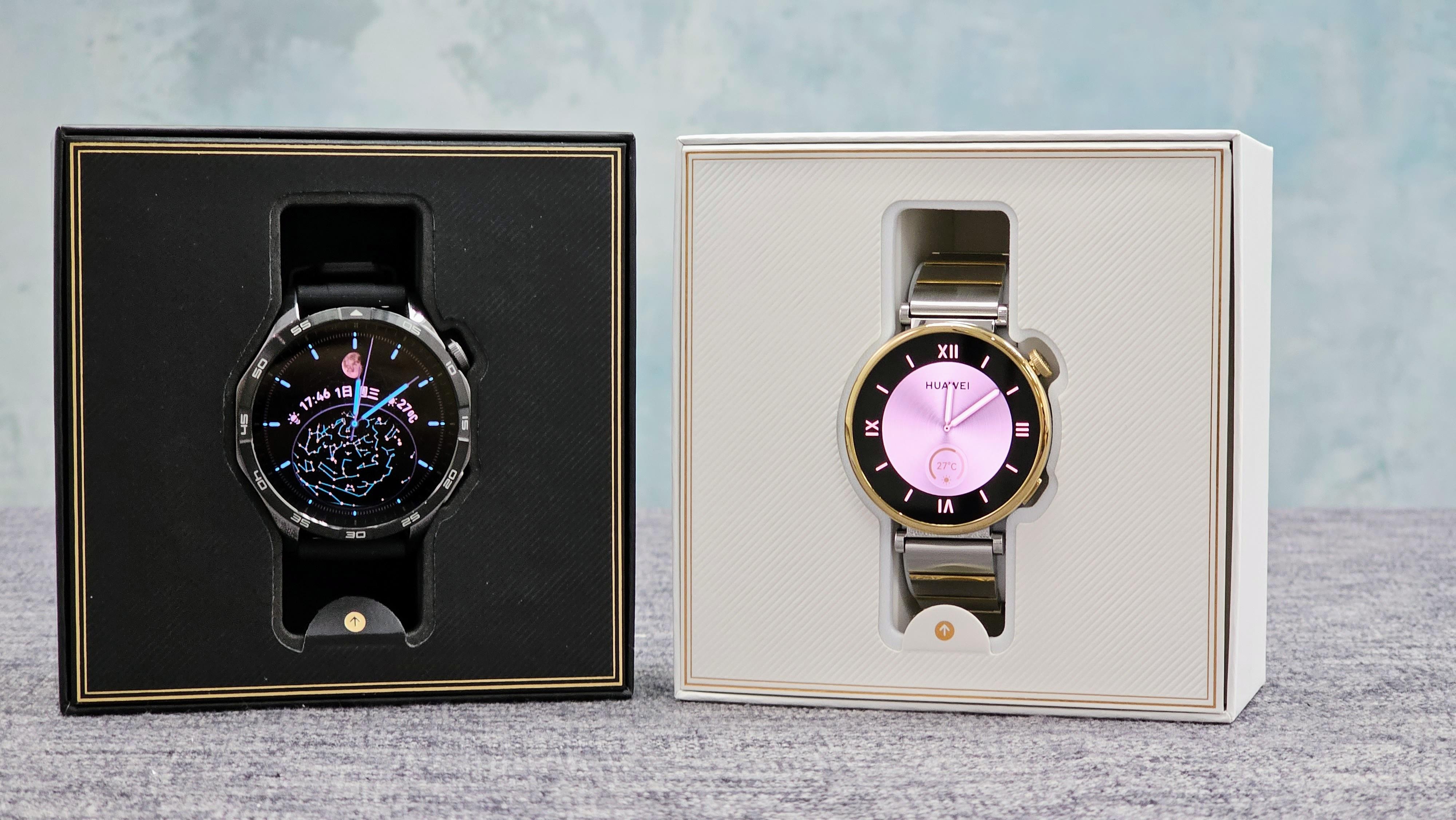 HUAWEI WATCH GT 4 46mm採用八邊形錶盤設計,HUAWEI WATCH GT 4 41mm用上圓形閃耀光環設計。