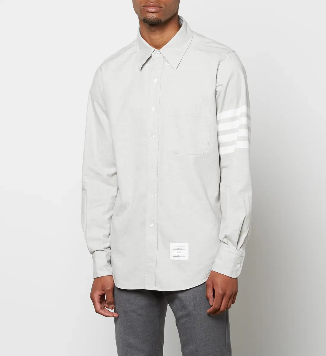 雙11優惠2023|Thom Browne Men's 4-Bar Straight Fit Flannel Shirt - Medium Grey 特價:$4,590;原價:$5,974