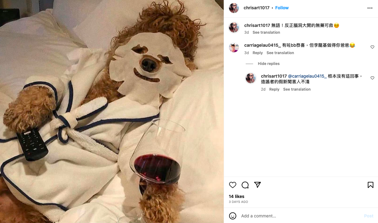 李龍基未婚妻Chris發文回應懷孕傳聞︰無語!,獲劉馬車留言回應