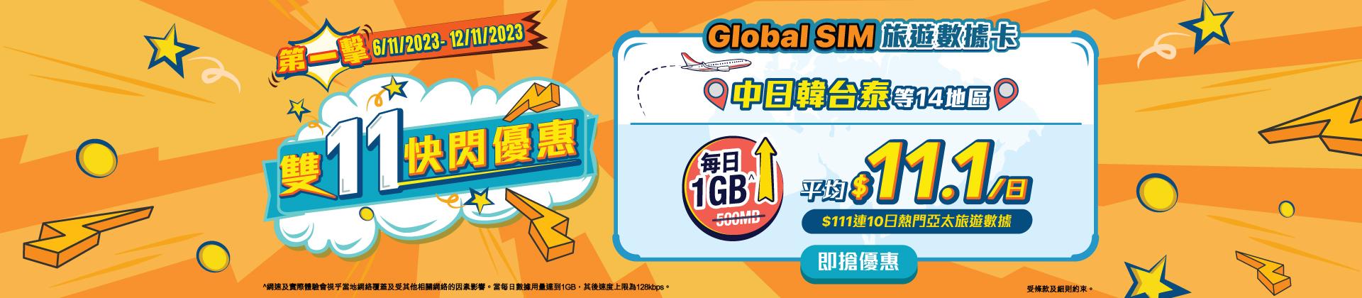 Global SIM:每日首1GB全速數據平均 $11.1/日