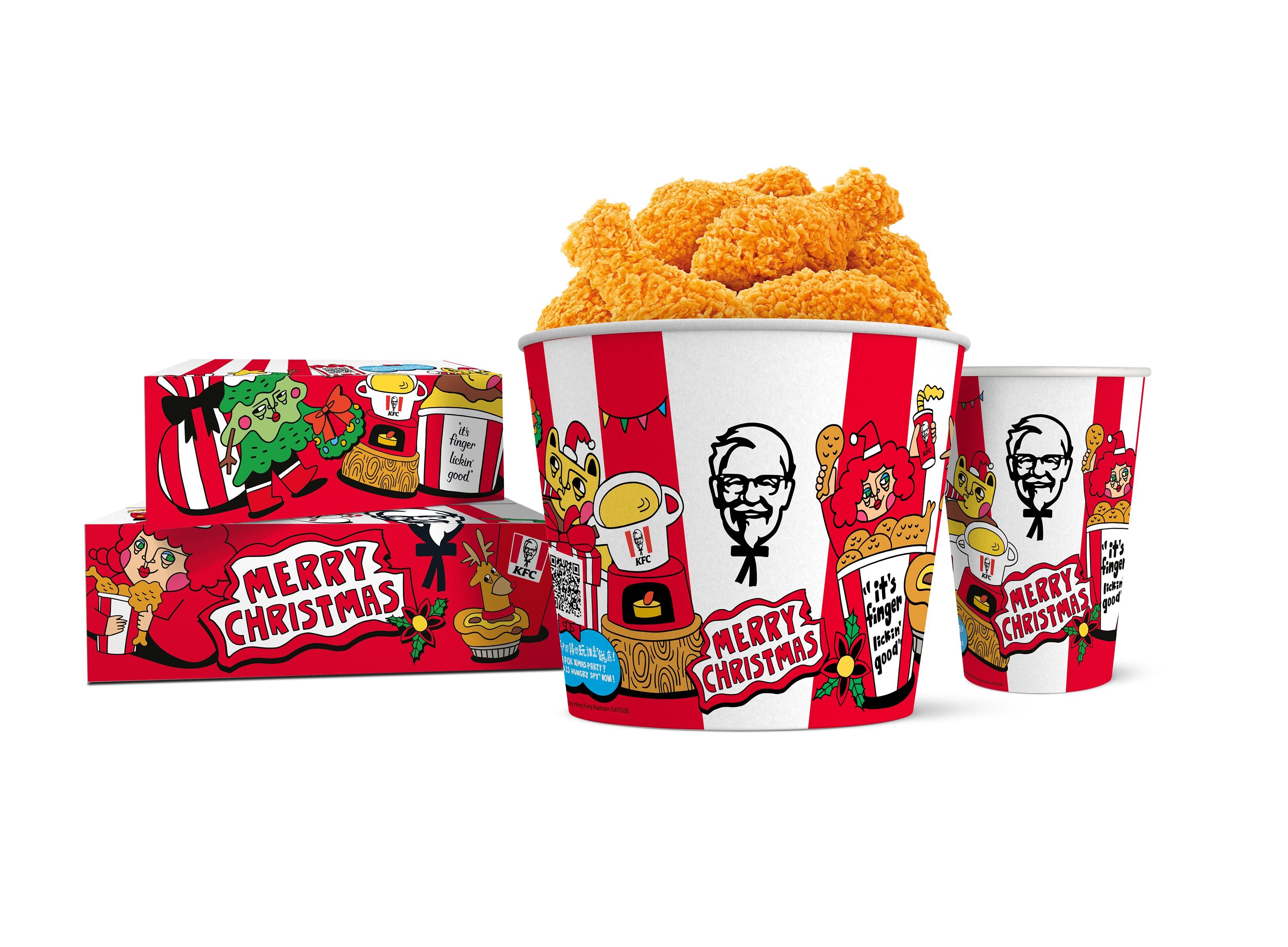 KFC首次邀請ISATISSE(眼袋女孩)設計聖誕主題包裝,包括雞桶、小食盒、晚餐盒以及汽水杯,帶來聖誕氣氛的同時,亦支持本地插畫家創作。