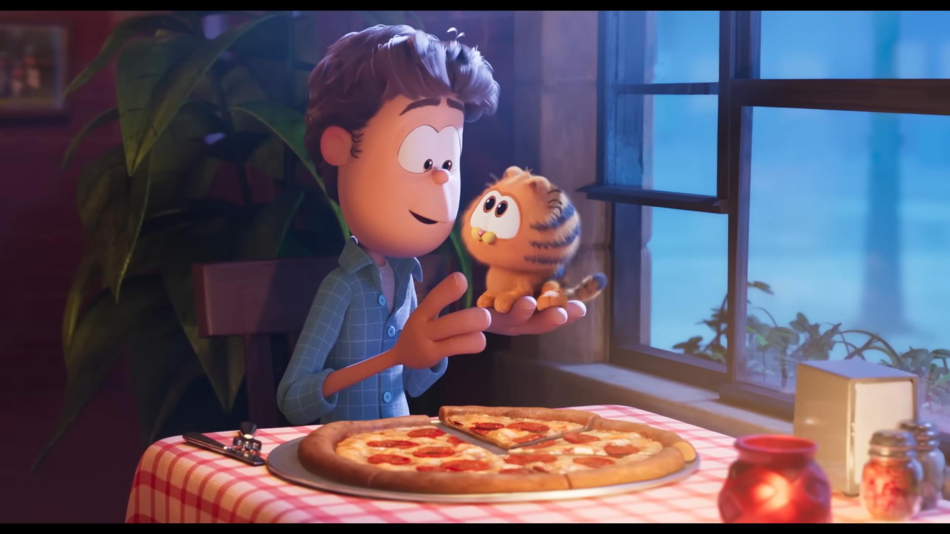 流落街頭的加菲貓遇上孤獨的主人,被收留成為幸福家貓。(《The Garfield Movie》預告截圖)