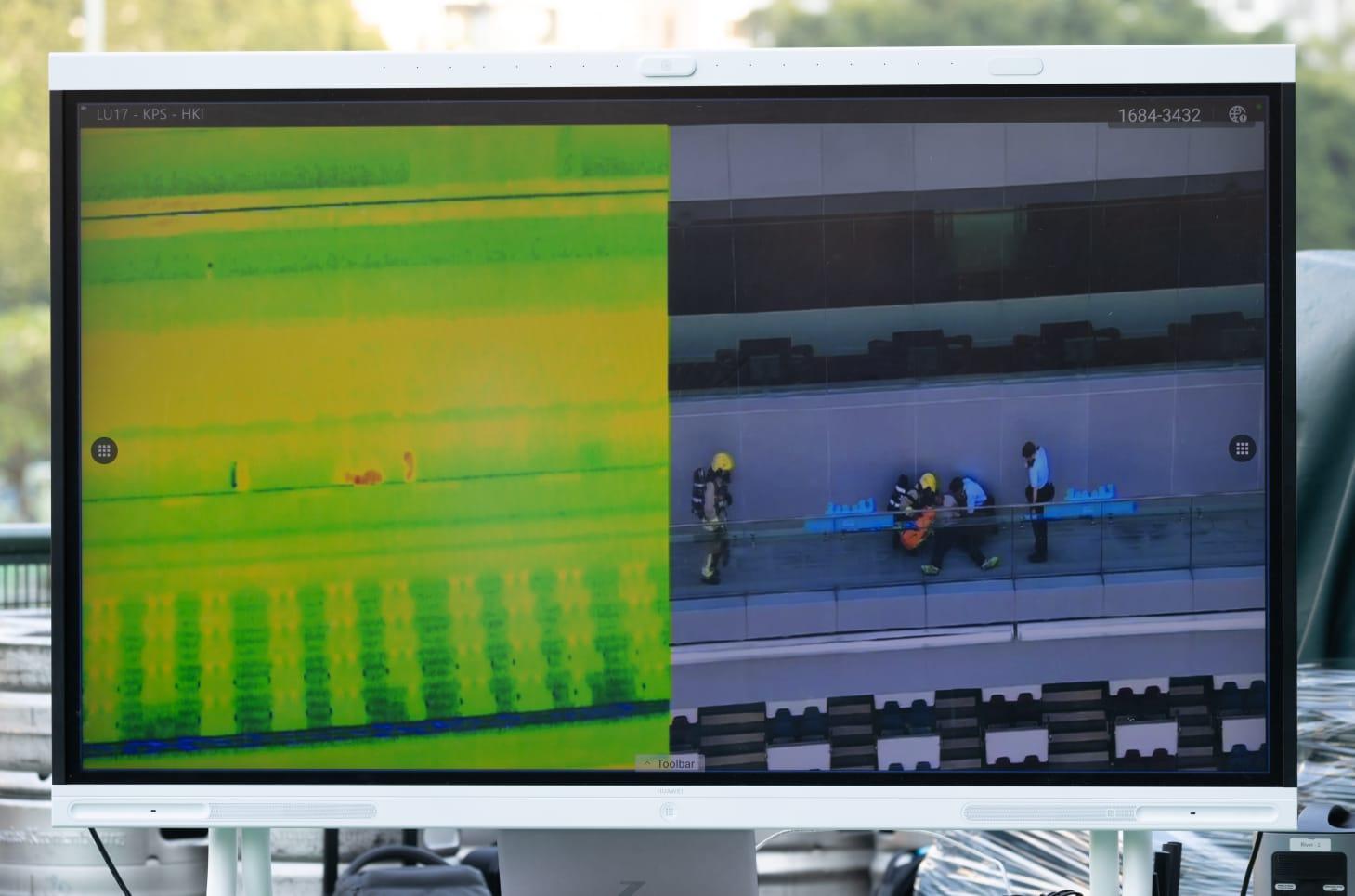 警方在演習中使用無人機,協助提供即時資訊予指揮站,確保有效疏散人群到空曠地方,同時有助尋找失蹤者,提升救援統籌效率。(蘇文傑攝)