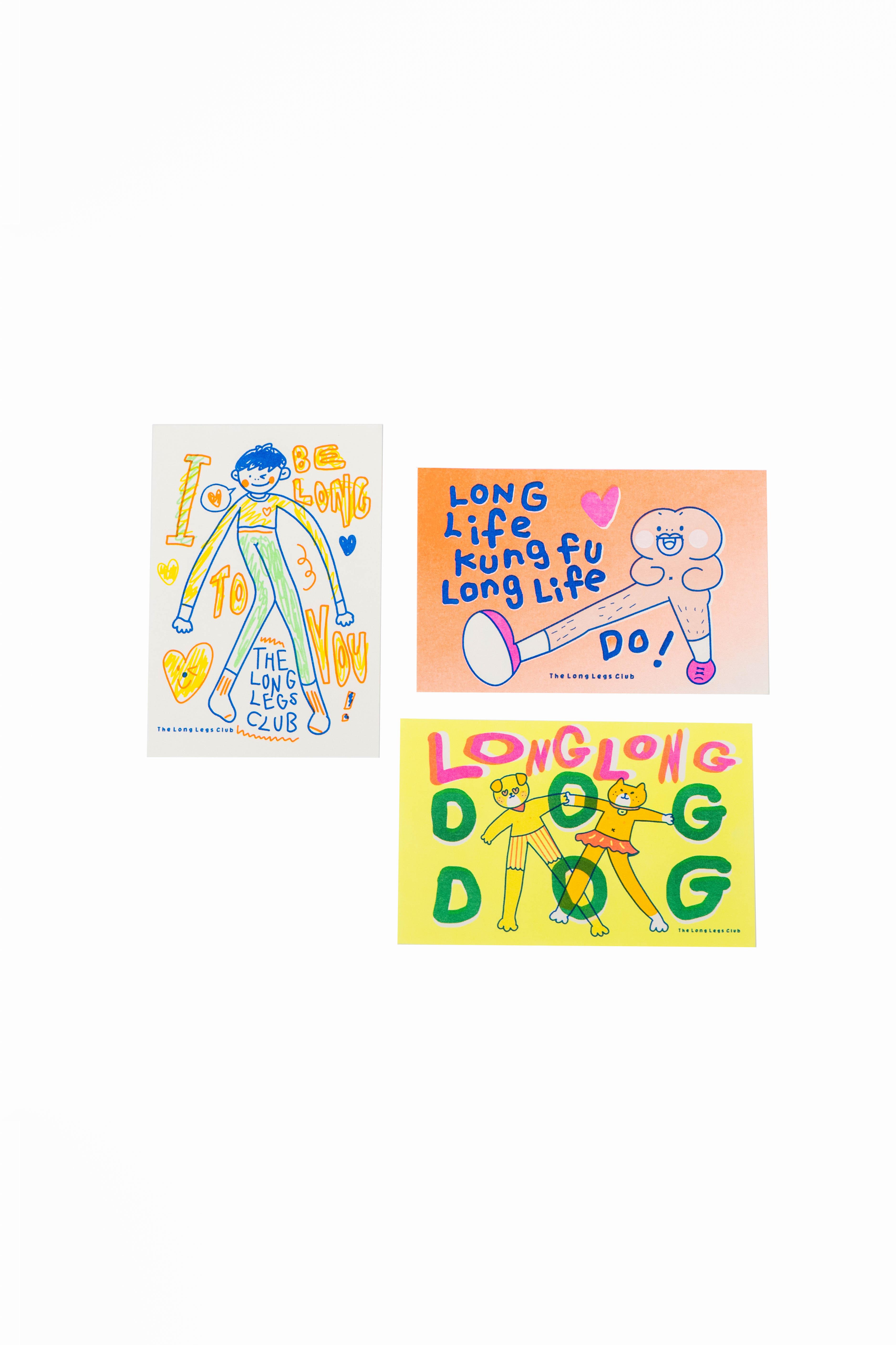 長腿協會Postcard|三款的Postcard,印上長腿版PiPi、LLH和其他角色的設計,寫下你密密的心意寄出。|售價:HKD 35(每款)