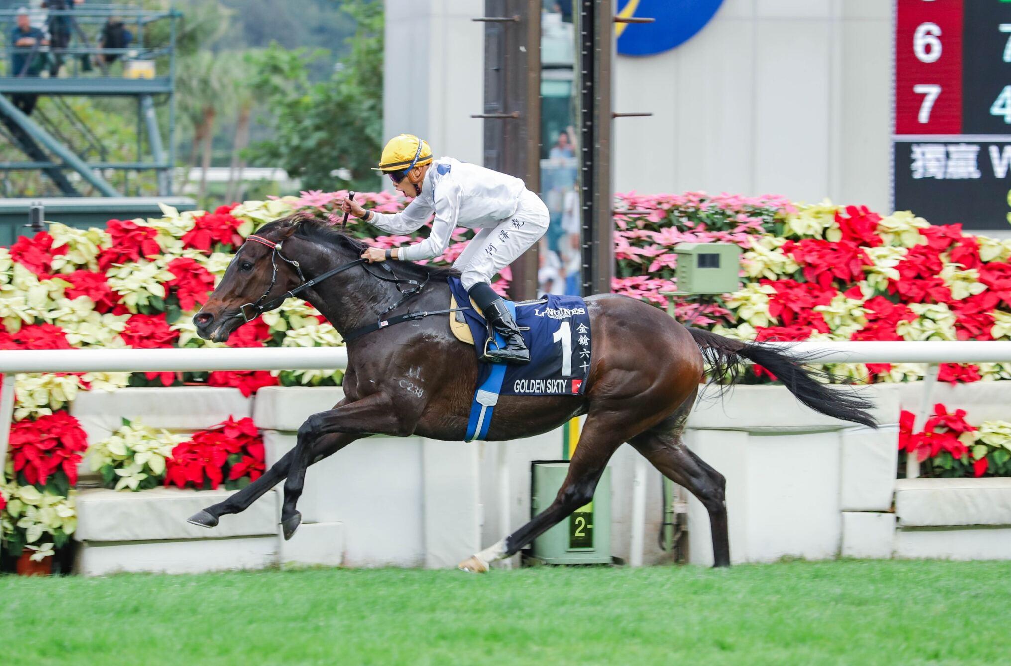 三屆香港馬王「金鎗六十」輕鬆勝出浪琴香港一哩錦標,成為歷來第二匹三度贏出香港一哩錦標的香港賽駒。