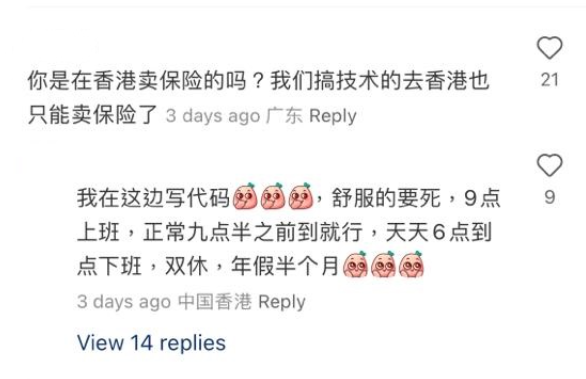 有網民指香港寫代碼工作壓力不大(小紅書截圖)