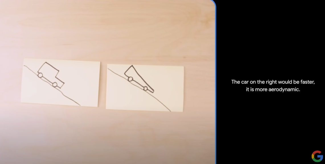 Gemini識得分析圖像,例如說出圖右的車速度會較快,因其車型無咁阻風。(互聯網)