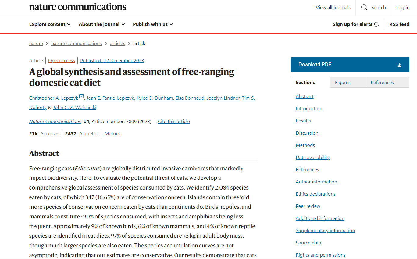 科學家研究自由放養的貓所吃的物種。(互聯網)