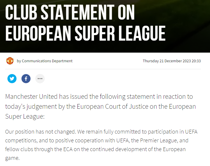 曼聯聲明會繼續參與歐洲足協的賽事。(最聯官網)