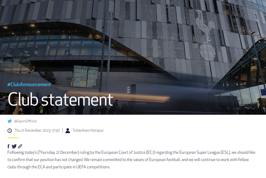 熱刺聲明會繼續參與歐洲足協的賽事。(熱刺官網)
