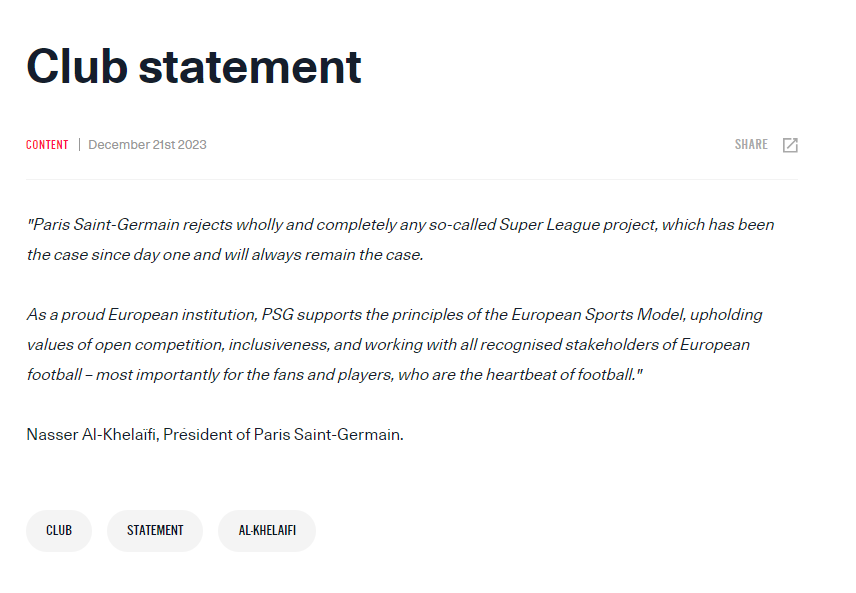 巴黎聖日耳門表態拒絕歐超聯。(PSG官網)