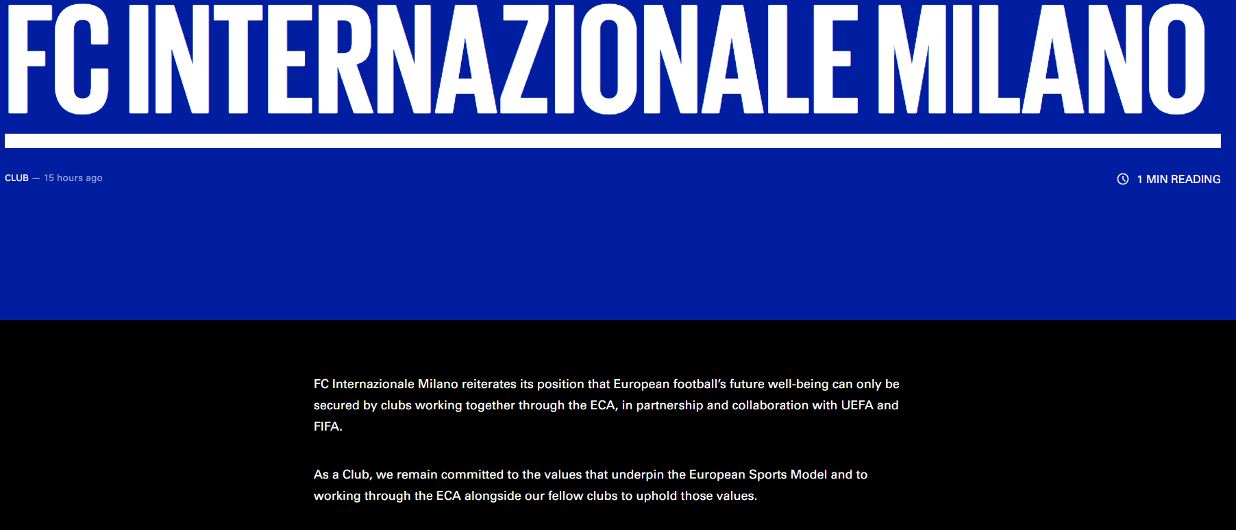 國際米蘭聲明繼續參加歐洲足協的賽事。(國際米蘭官網)