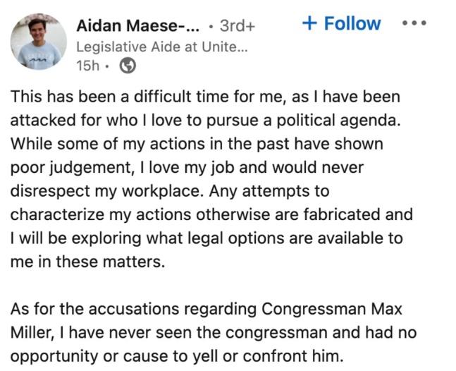 事後疑似Aidan於求職網站LinkedIn發文。(X)