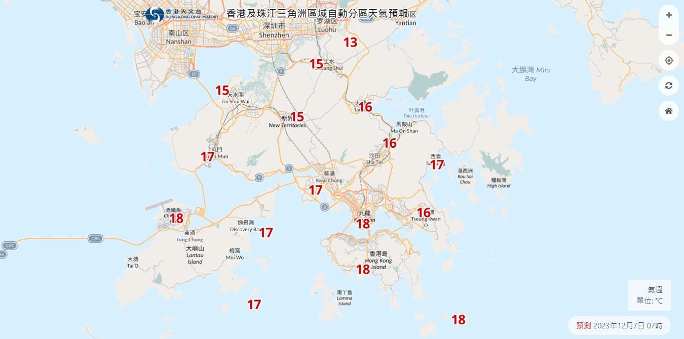 天文台預料本港周四早上氣溫明顯下降,當日早上7時,新界部分地區更跌穿18度,其中打鼓嶺更低見13度。(天文台網頁截圖)