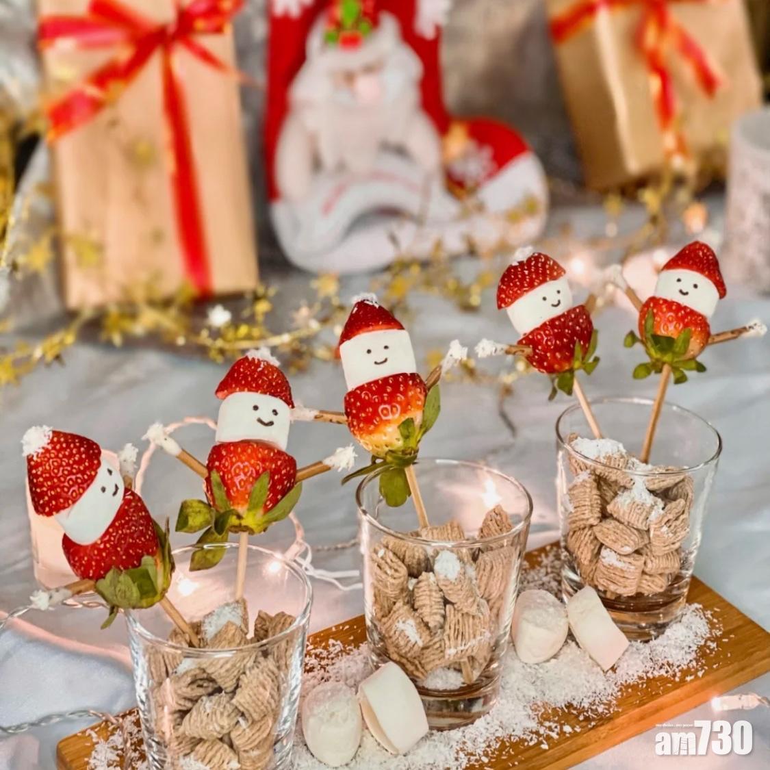 聖誕甜品|聖誕帽雪人,可以把棉花糖直接串起來。