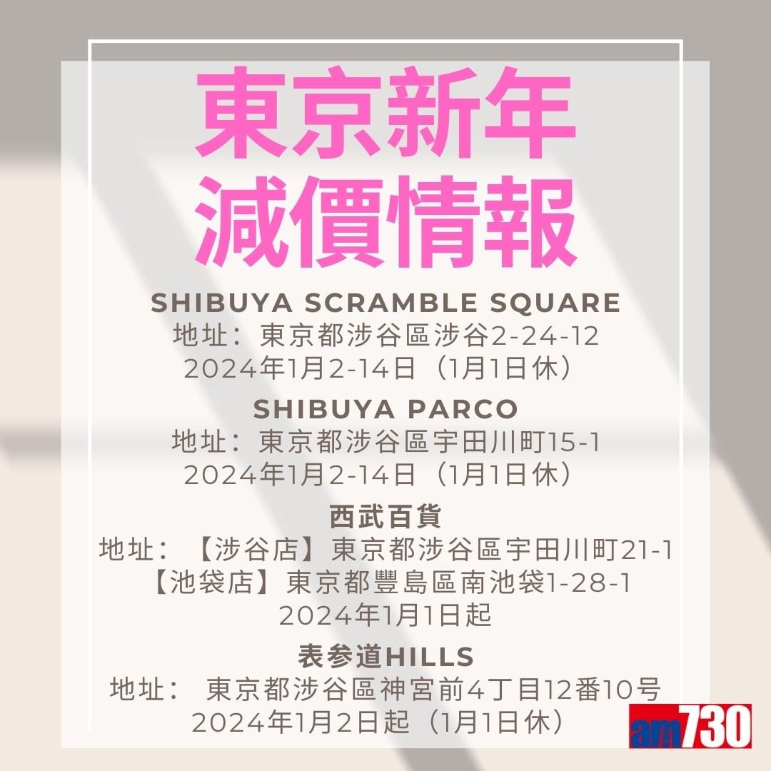 東京/大阪-新年減價情報(am730製圖)