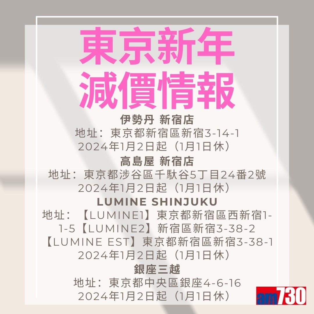 東京/大阪-新年減價情報(am730製圖)