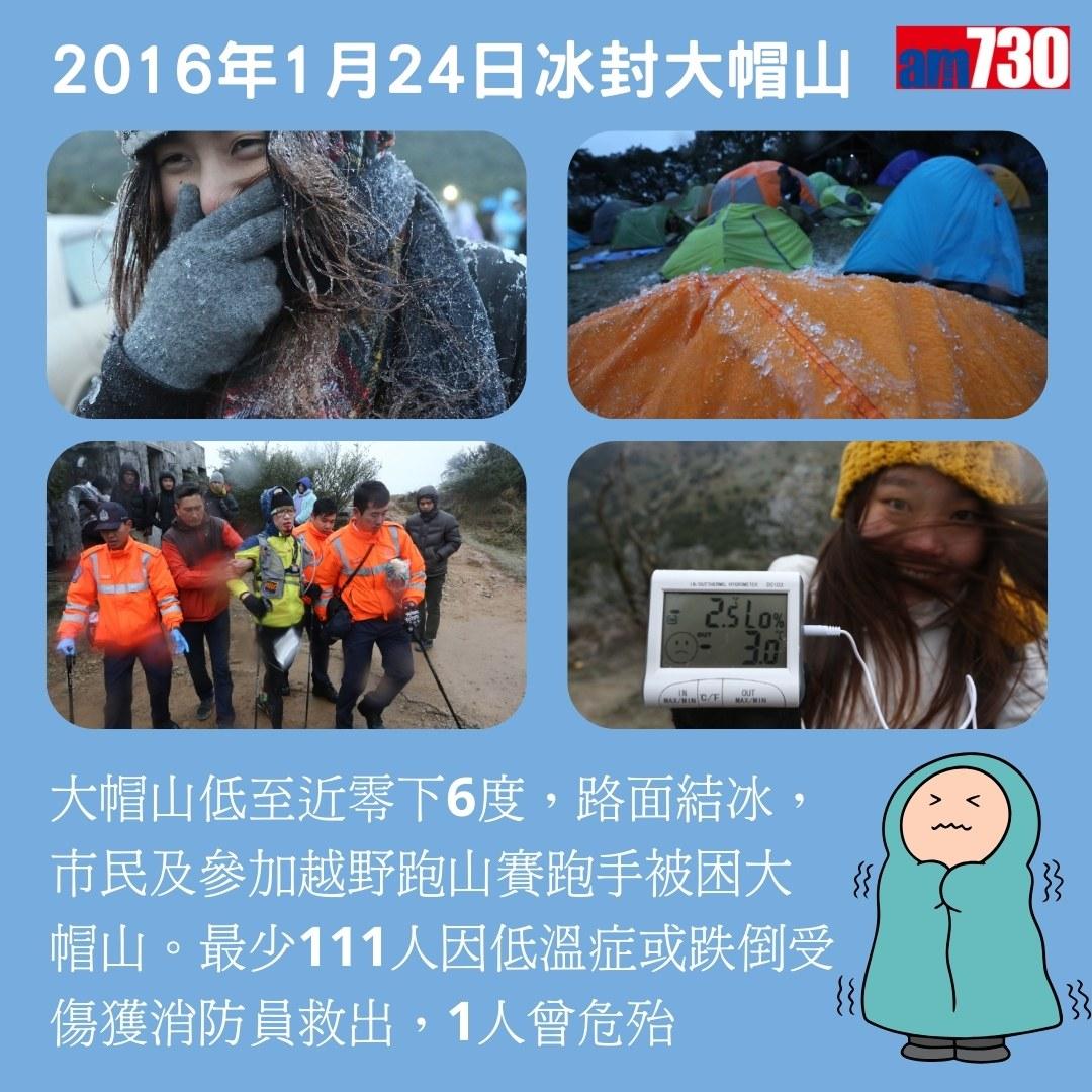 香港市區最凍紀錄、香港落雪紀錄及2016冰封大帽山圖輯(am730製圖)