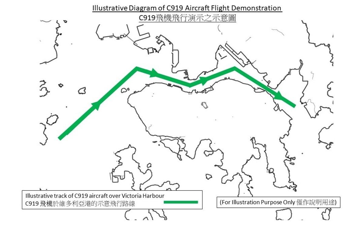 C919周六在維港飛行的路線示意圖。(民航處網站)