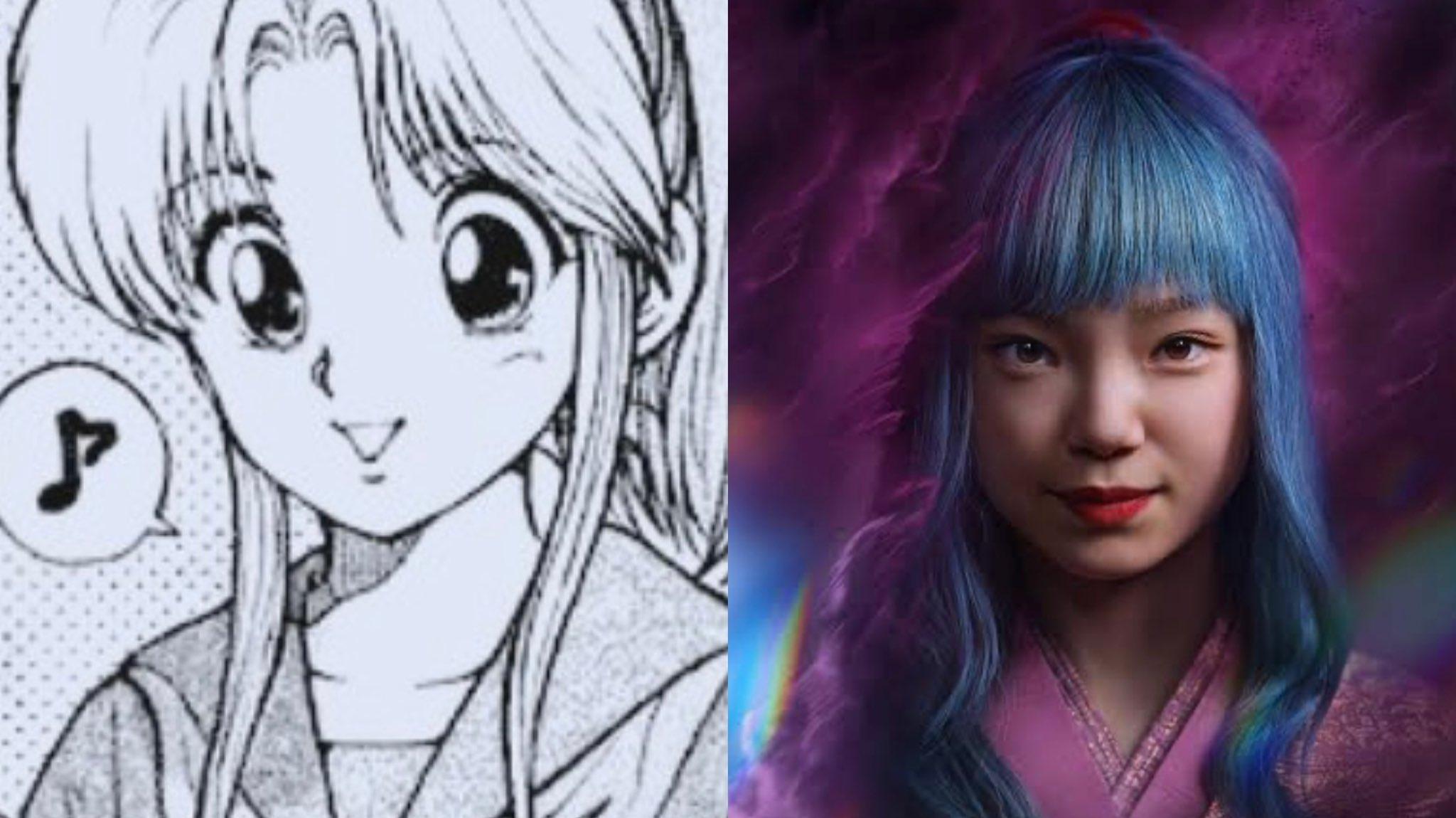 古川琴音戴上藍色假髮扮演牡丹,但外型與原作仍有頗大出入。