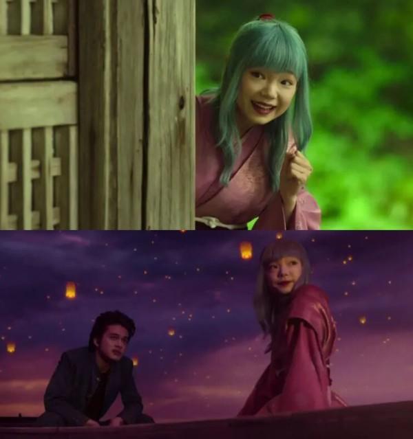 古川琴音戴上藍色假髮扮演牡丹,但外型與原作仍有頗大出入。