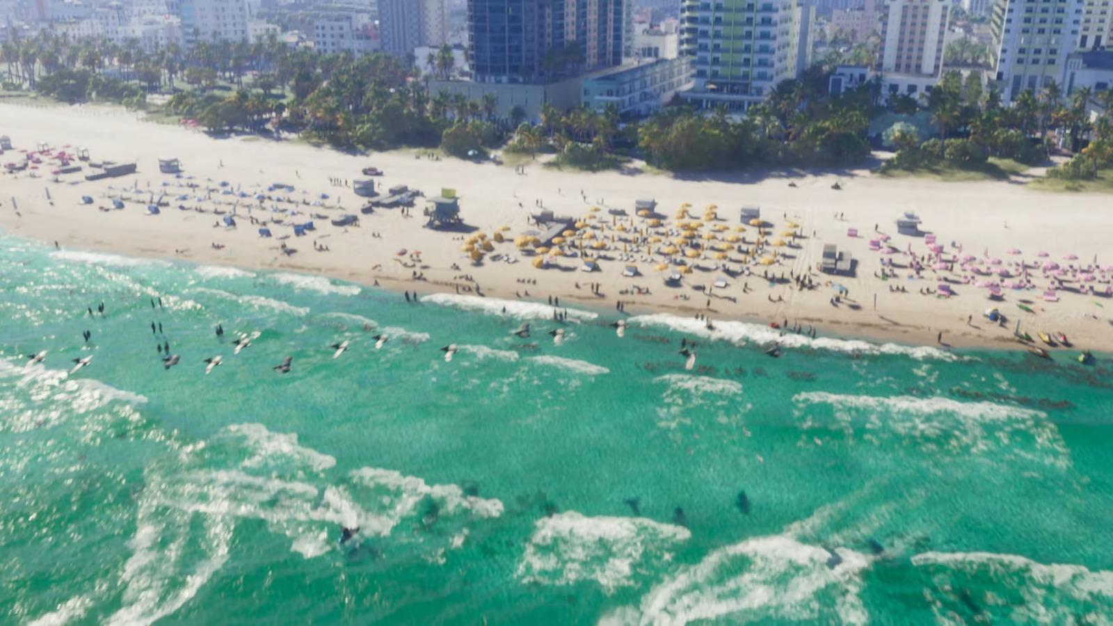 GTA6地圖以以佛羅里達邁阿密作藍本,陽光與海灘(GTA6預告片截圖)