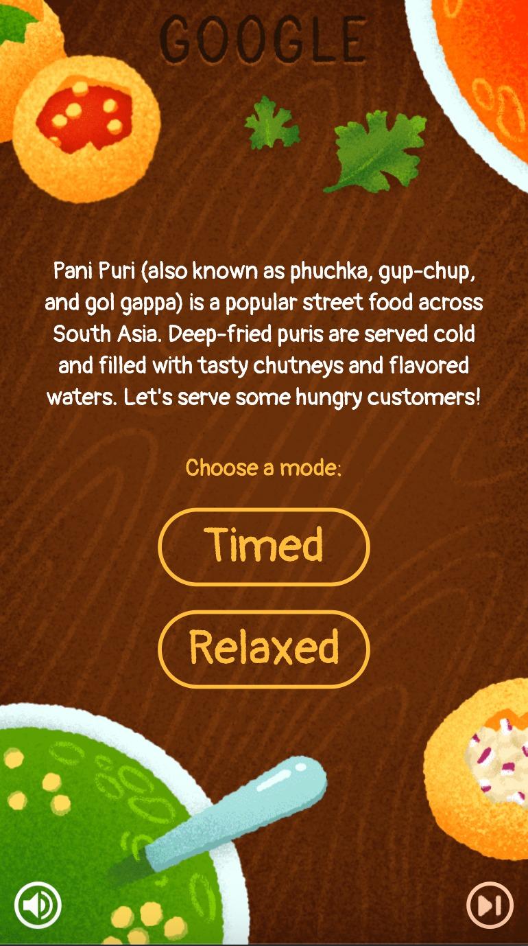 Google小遊戲 3.印度街頭小食—Pani Puri 開始前可選擇難度