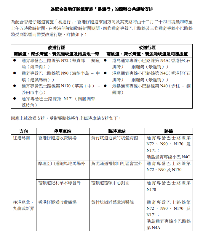 易通行|香港仔隧道12月24日上午5時起實施