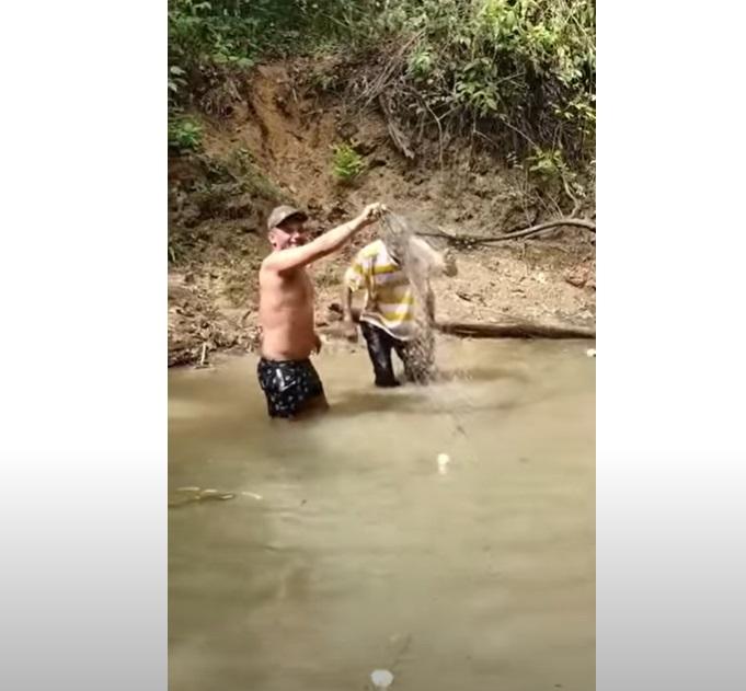 友人拿走電鰻,席爾瓦從水中站起。(互聯網)