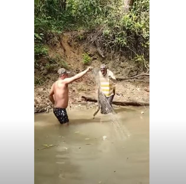 友人拿走電鰻,席爾瓦從水中站起。(互聯網)