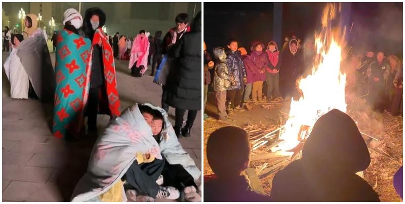 甘肅地震後,街上可見不少人披着被子,甚至赤膊逃出門,災民要生火取暖。