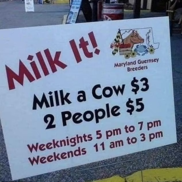 美國有牧場告示本來說揸牛奶一人收費3元,二人同行5元,卻被解讀成「揸一隻牛3元,揸兩個人5元」。(互聯網)