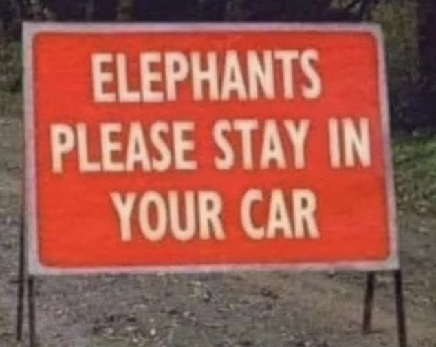 有告示想提醒人們前方有大象出沒,切勿下車,卻可解讀成「大象請留在車上」。(互聯網)