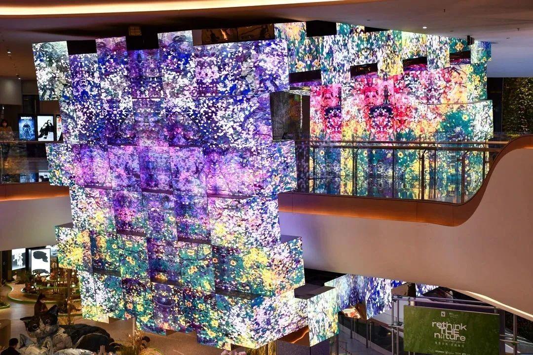 中洲灣CFuture City入口附近的立方體藝術裝置「花與人之立方體堆砌」,畫。 (網上圖片)