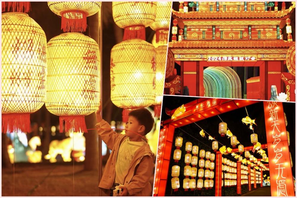 在2024灣區超級燈會大門處,有一道百米長廊掛滿燈籠,寫上滿滿的新年祝福語,充滿節日氣氛。(圖片來源:予你何其有幸@小紅書)