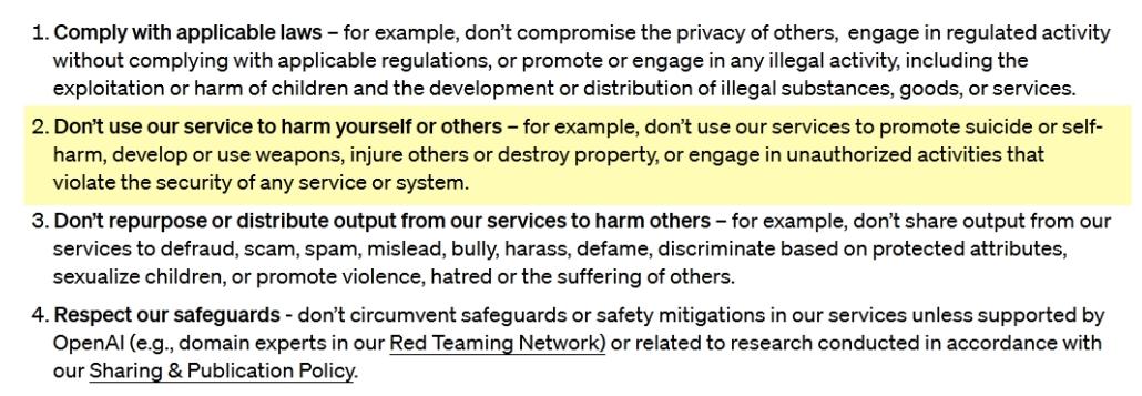 新條款中僅範圍性提及「勿傷害他人」。(圖/OpenAI)