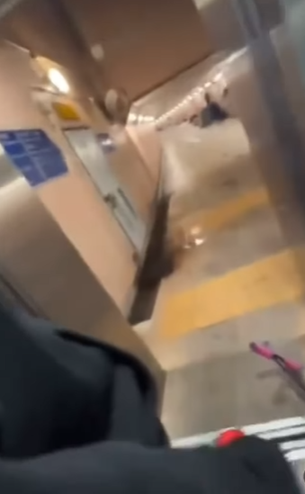 網上流傳影片可見,數名年輕人在跑馬地一條行人隧道向露宿者淋潑清水及可樂後,立即跑走逃去。(網上影片截圖)