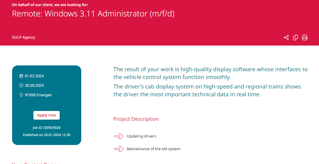 德國鐵路招聘IT管理員,需熟練Windows 3.11系統,目前該招聘啟示已被刪除,暫未知原因。