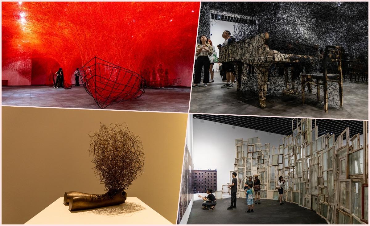 鹽田千春是日本著名的藝術大師,她曾在訪問中表示,紅線代表了血液或血管,黑線是宇宙間的幽暗,用來表人與人之間的關係。(圖片來源:視覺中國)