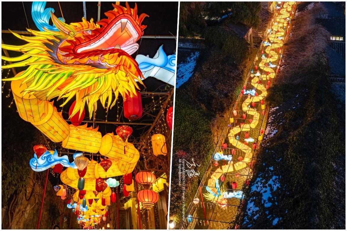華燈初上,南京老門東的巨型龍燈「盤踞」在古色古香的老街中,年味十足。(網上圖片)