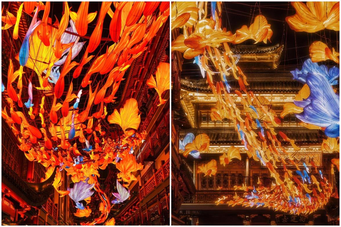 「一夜魚龍舞」燈組由洛陽牡丹花燈非遺傳承人魏增產團隊製作,是今年上海豫園燈會的首組亮相彩燈。(網上圖片)