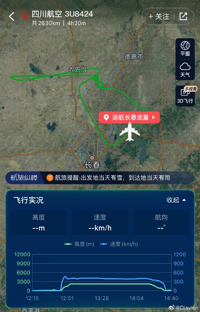 飛機在空中盤旋近2小時後返航長春龍嘉國際機場。(微博)