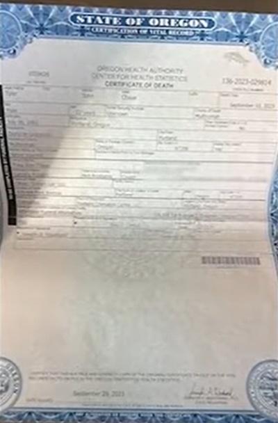 州政府發出就Tyler發出的死亡證明。(YouTube)