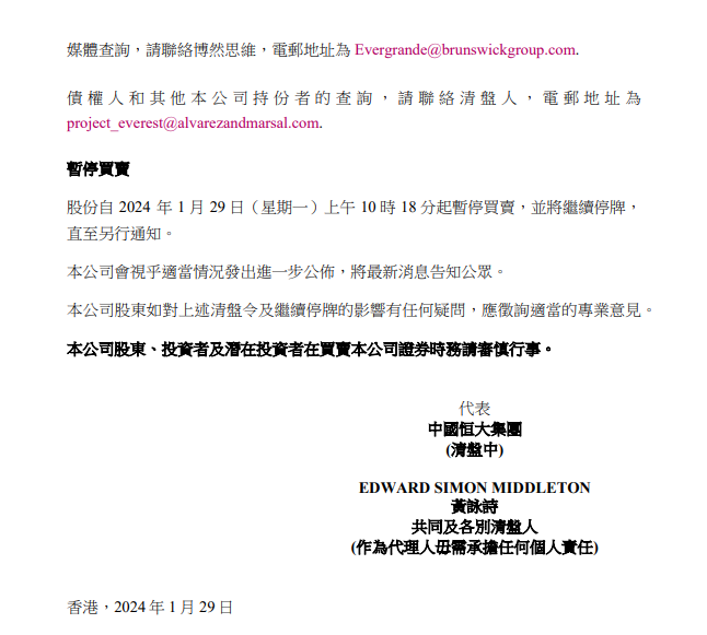 中國恒大指將繼續停牌。