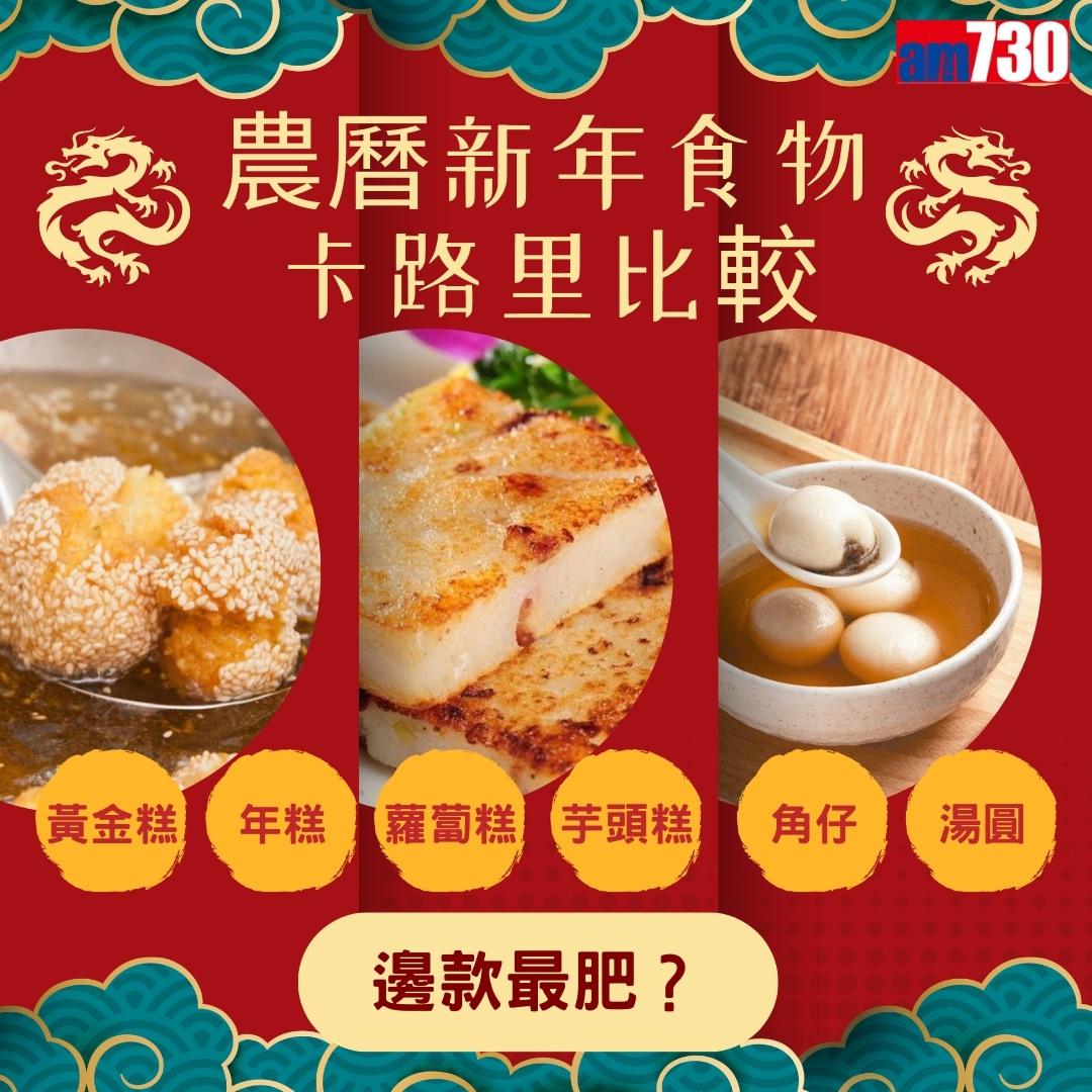 農曆新年食物,年糕、蘿蔔糕、湯圓、黃金糕邊款卡路里最高?(am730製圖)
